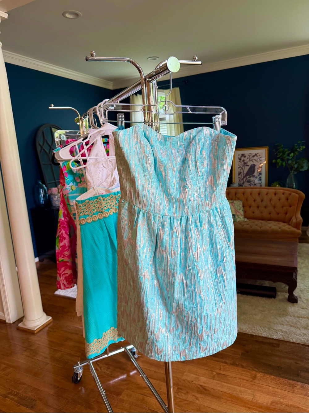 Lily Pulitzer Payton Blue Silver Foil Sweetheart Strapless Dress